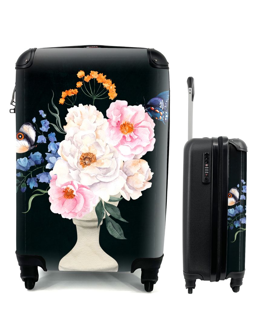 MuchoWow Koffer Handgepäck Trolley Rollkoffer Kleine Reisekoffer mit 4 Rollen - Aquarell - Stillleben - Schmetterlinge - Cabin Size < 55x40x23 c...