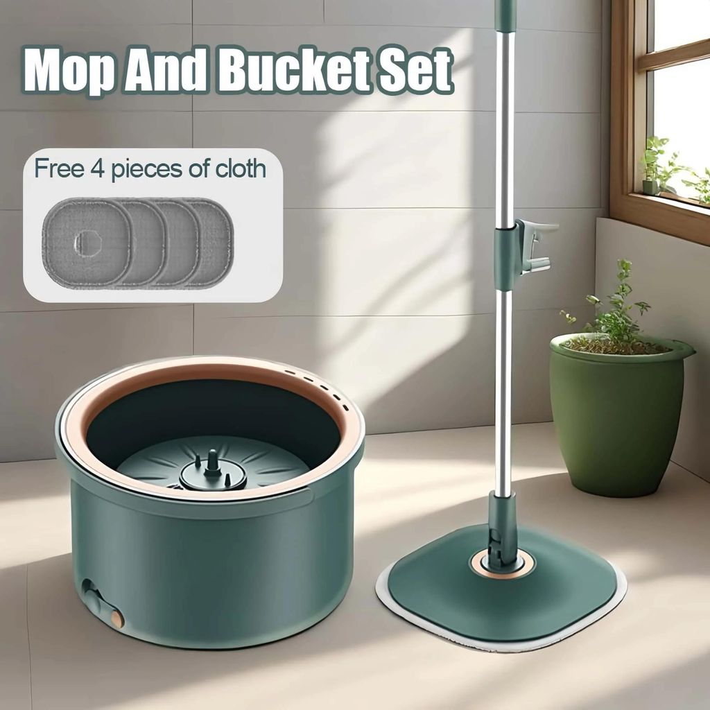 Spin-Mopp Set mit Eimer - Rotierender Wischmopp - 4 Mikrofaser-Köpfe - Stahlstiel - Schnelle Aufnahme 10 kg - Grün
