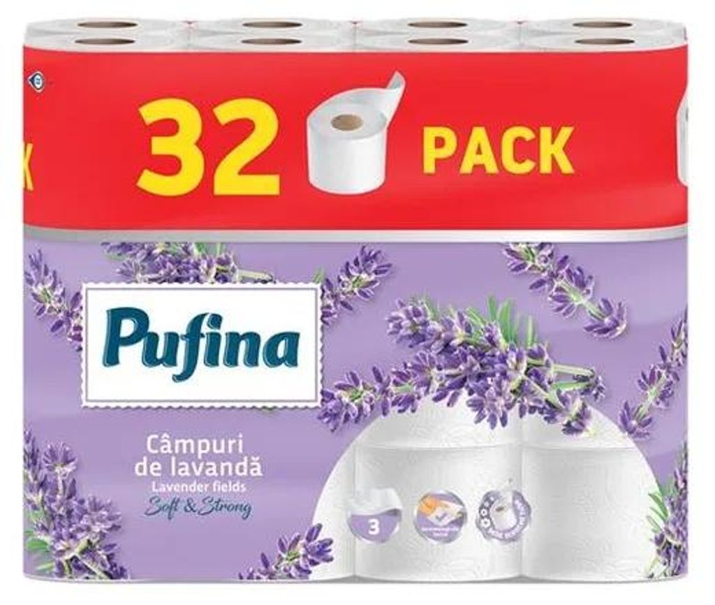 Toaletný papier, 3-vrstvový, malý kotúč, 32 kotúčov, PUFINA "Lavender Fields", s vôňou levandule