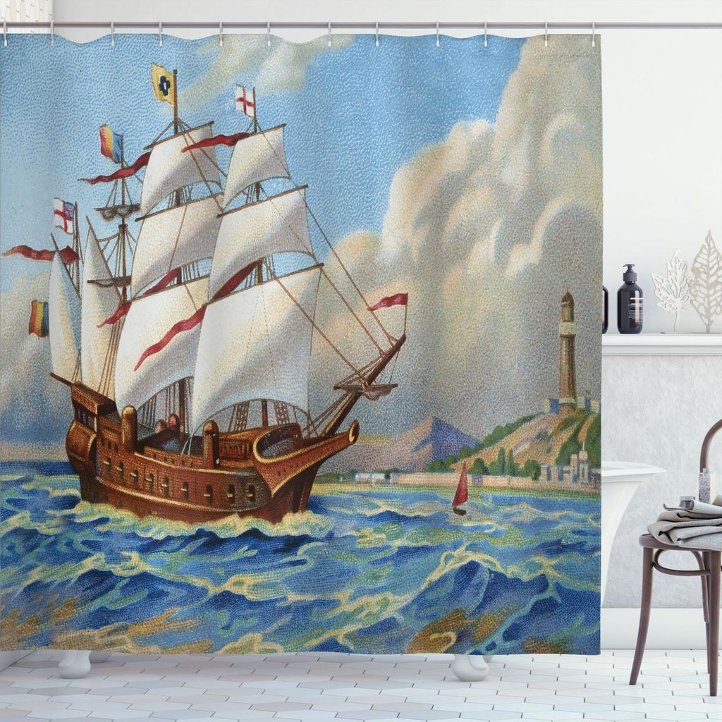 ABAKUHAUS Vintage Boat Duschvorhang, Altes Schiff Segeln historischen Thema wellenförmigen Meer Coastal Painting Vintage Print, 175 x 220 cm, Mehr...
