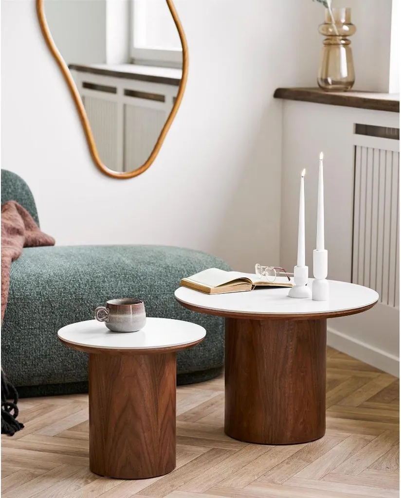 Table basse Frida céramique blanche et brun foncé résistante 60cm