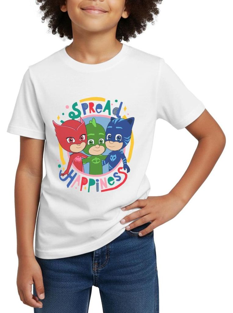 Spreadshirt PJ Masks Gruppenbild Eulette Gekko Catboy Kinder T-Shirt, 122/128 (7-8 Jahre), Weiß