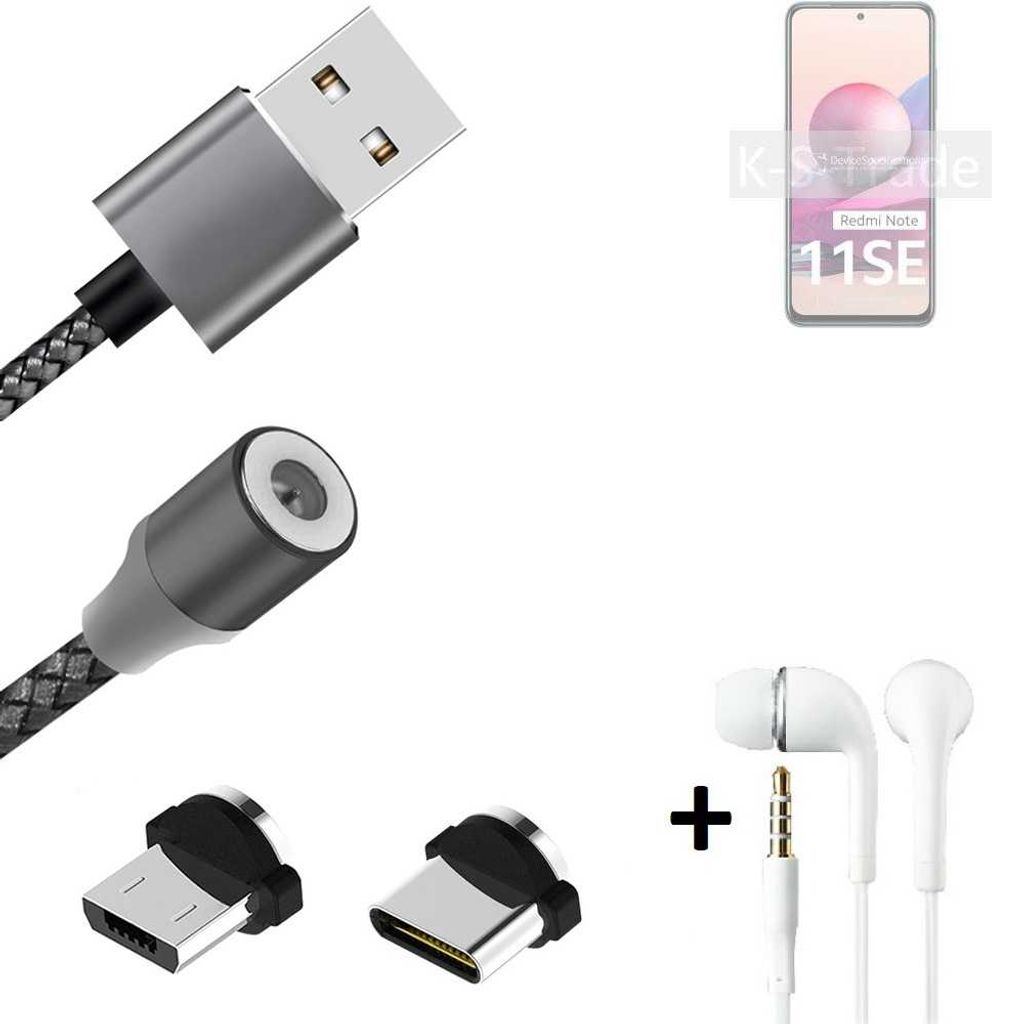K-S-Trade Hochwertiges Magnet-Lade-kabel Sync-Kabel Daten-Kabel + Kopfhörer kompatibel mit Xiaomi Redmi Note 11SE India mit USB-Typ-C-Anschluss und