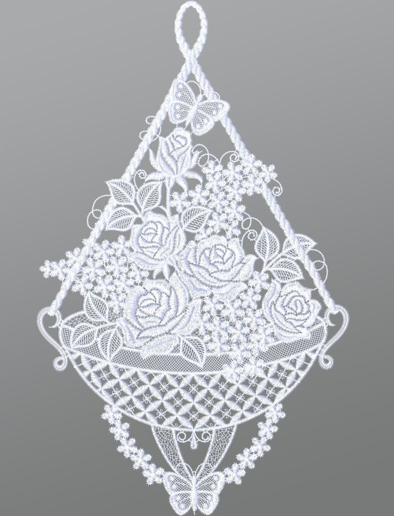 Fensterbild aus Plauener Spitze - Rosenkorb mit Schmetterlingen (Bx H) 21cm * 35cm Weiß Fensterdekoration Fensterschmuck