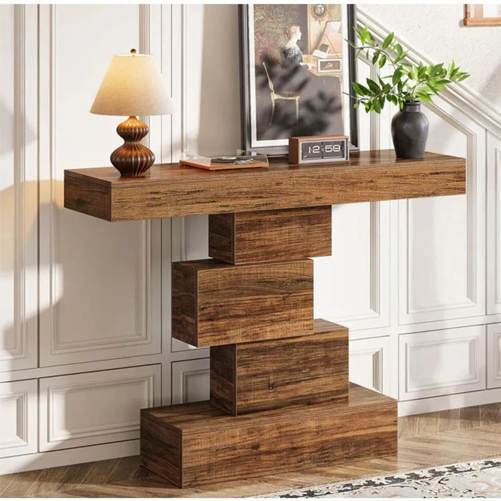 Table d'appoint avec piètement géométrique en métal et bois