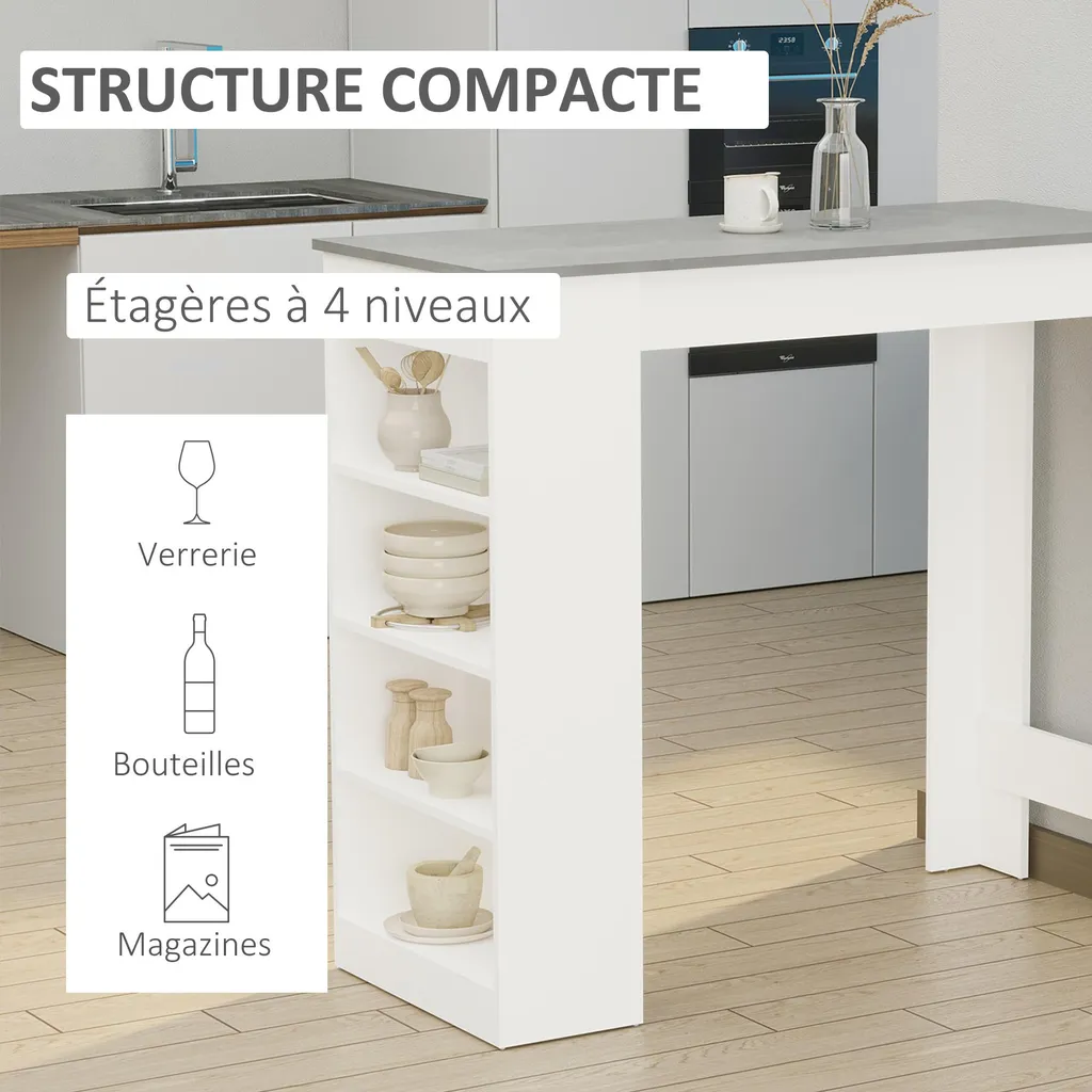 Table de Bar 4 Étagères Ouvertes Style Moderne Blanc et Gris HOMCOM