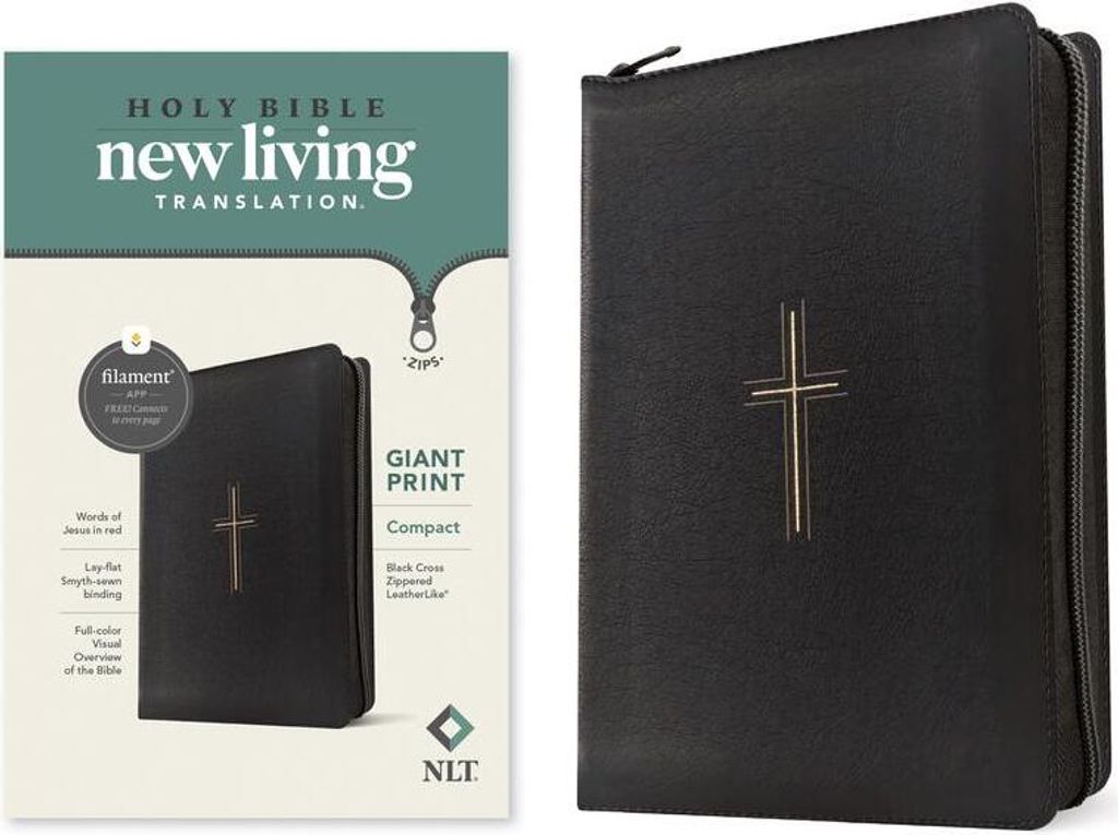 NLT Compact Giant Print Zipper Bible, Filament Enabled (Leatherlike, Black Cross, Red Letter)