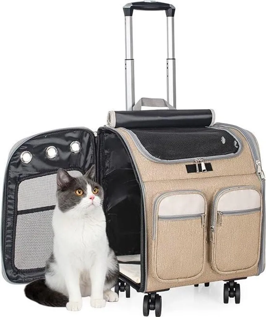 Grand sac à dos à roulettes pour chat Kaki - Trolley 2-en-1 max 20 kg