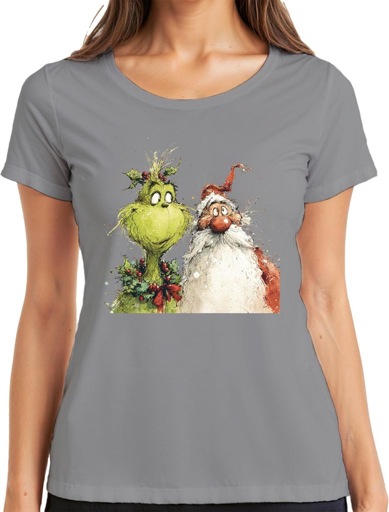 Grinch Weihnachtsmann lustig Weihnachten Geschenk Bart Retro Damen T-Shirt, Grau, S