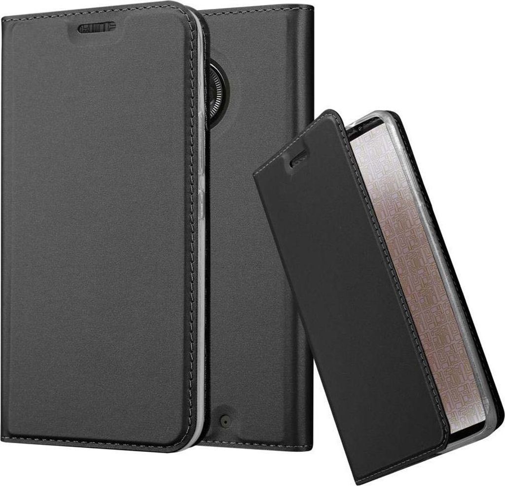 A black flip case for a smartphone is shown, with one case closed and another open to reveal a phone screen.