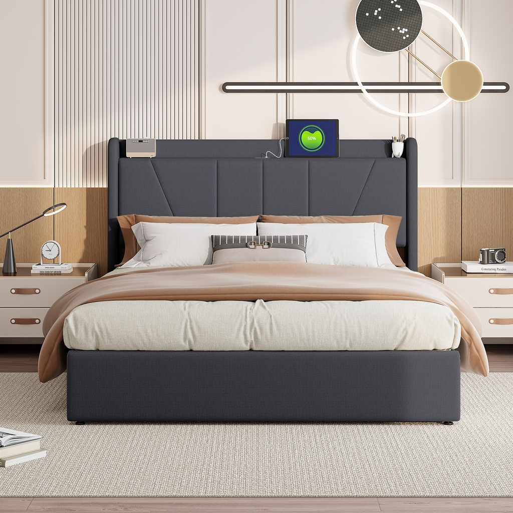 160x200 cm großes Bett mit Stauraum, USB- und Typ-C-Anschluss, gepolstertes Bett mit Lattenrost, Doppelbett, Grau