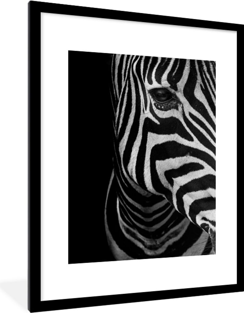 MuchoWow Gerahmtes Poster Tiere - Zebra - Schwarz - Weiß 60x80 cm - Poster mit Schwarzem Bilderrahmen Wandposter Rahmen Foto Bilder - Wohnzimmer...