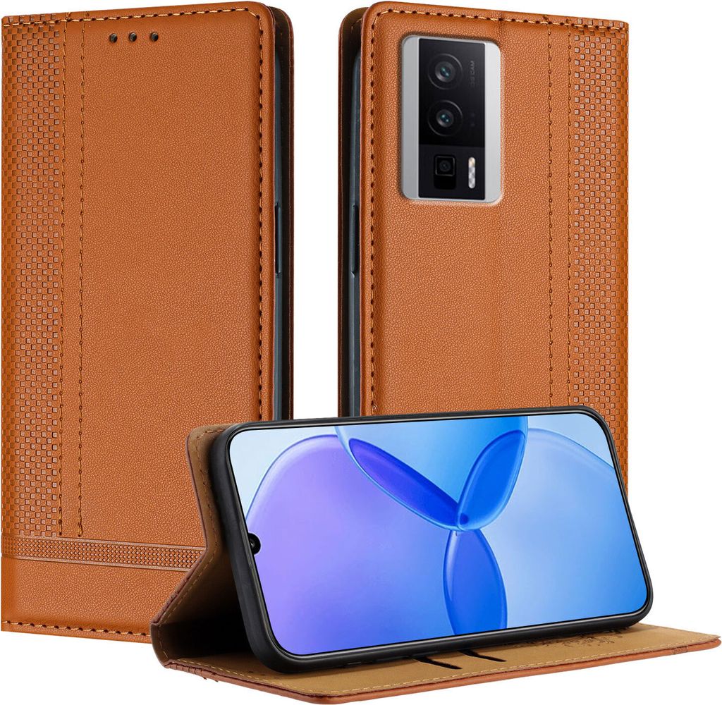 Handyhülle für Xiaomi Poco F5 Pro/Redmi K60/K60 Pro Leder Flip Klappbare Schutzhülle mit Standfunktion Braun