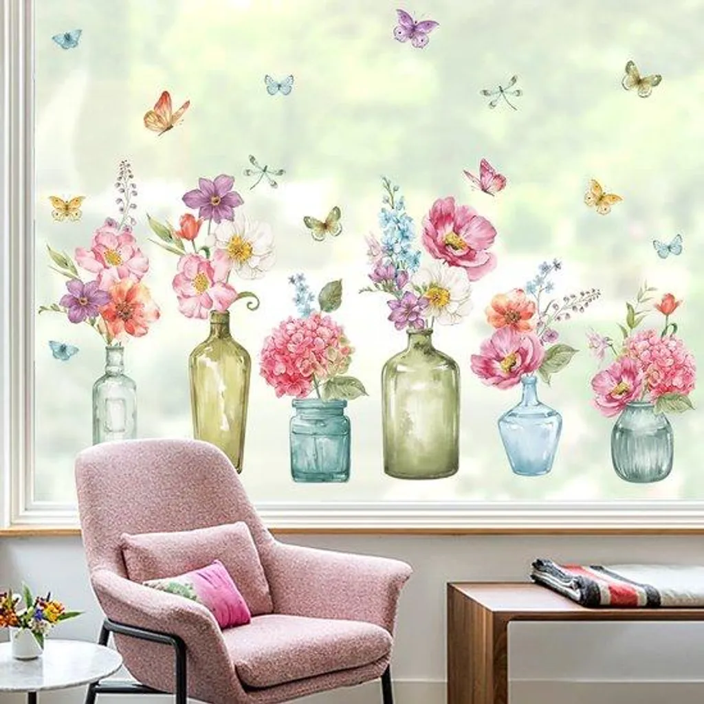 Film Fenêtre Anti-Collision Motif Fleurs Roses Oiseaux Papillons 60x200cm