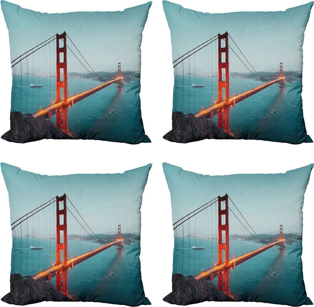 ABAKUHAUS Oakland Kissenbezug Set (4 Stück), Panorama Berühmte Brücke, Moderner Doppelseitiger Digitaldruck, 60 cm x 60 cm, Vermilion Kadett-Blau