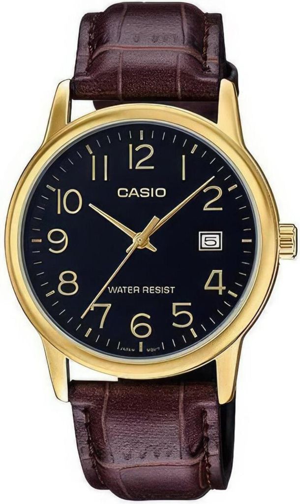 Casio Men's Standard Analog Gold Tone Leather Band Day Date Watch