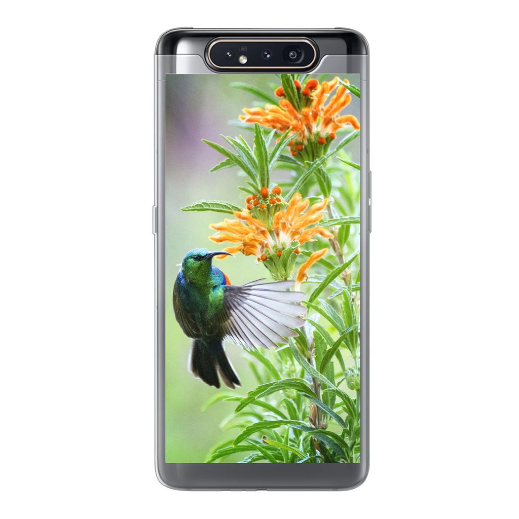 MuchoWow Handyhülle Schutzhülle Hülle für Samsung Galaxy A80 Nahaufnahme eines bunten Vogels neben Pflanzen mit orangefarbenen Blüten Siliko...