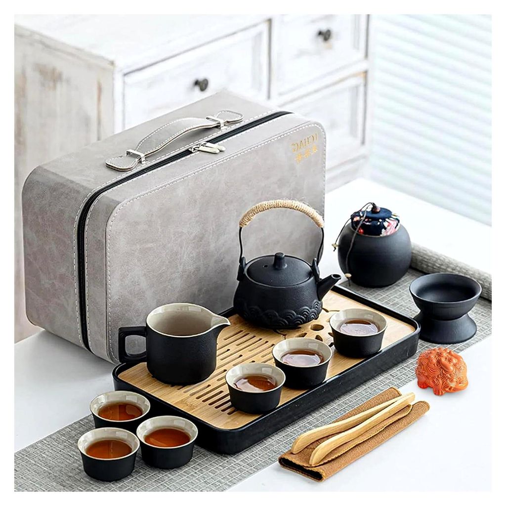 Japanisches und chinesisches Teeservice für Erwachsene, tragbares Gongfu-Teeset mit Porzellan-Teekanne, 237 ml, 14-teilig, für Zuhause, Outdoor u...