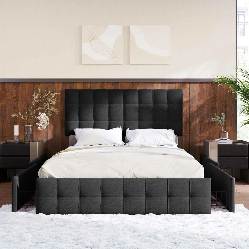 Lit 140x200 anti-encombrement avec 4 tiroirs et sommier métal robuste