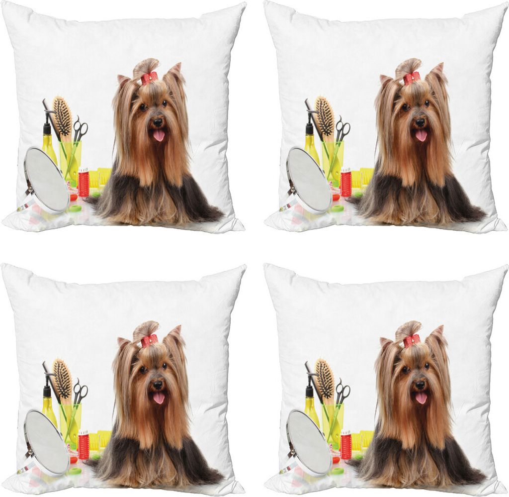 ABAKUHAUS Yorkie Kissenbezug Set (4 Stück), Frisur Welpen, Moderner Doppelseitiger Digitaldruck, 50 cm x 50 cm, Dark Brown Multicolor