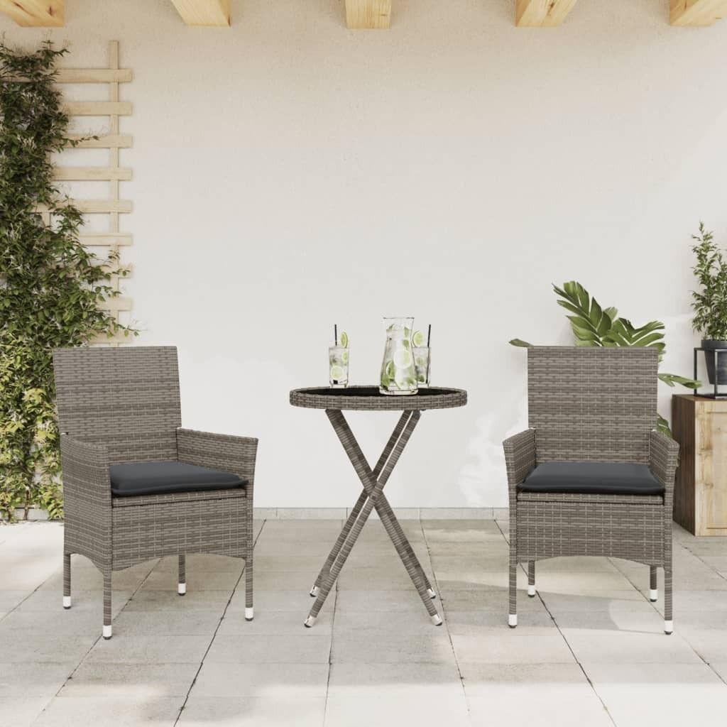 "Rabatt" 3-tlg. Bistro-Set - mit tishe & Stuhl - mit Kissen Grau Poly Rattan und Glas - Lounge-Dining set CC10922