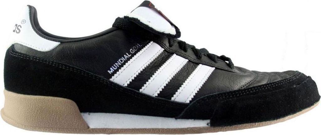 A side view of a black Adidas sneaker with white stripes and tan accents.