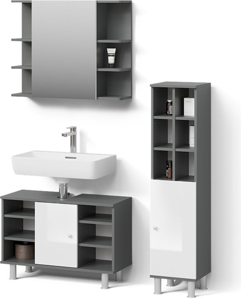 Badmöbel-Set Livinity Fucino Anthrazit 3 Teile, mit Midischrank Tür groß, Model 52604