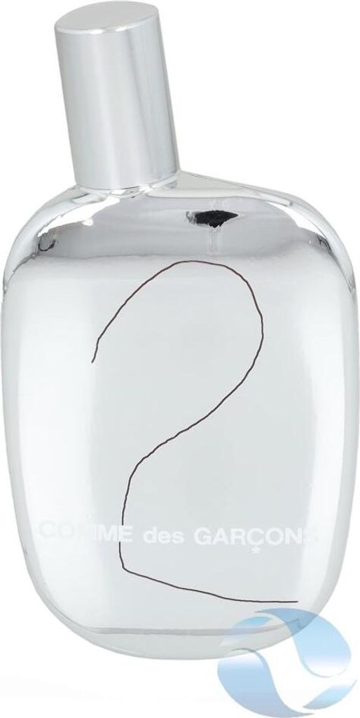 A clear glass perfume bottle with a silver cap and a black number '2' drawn on the front.