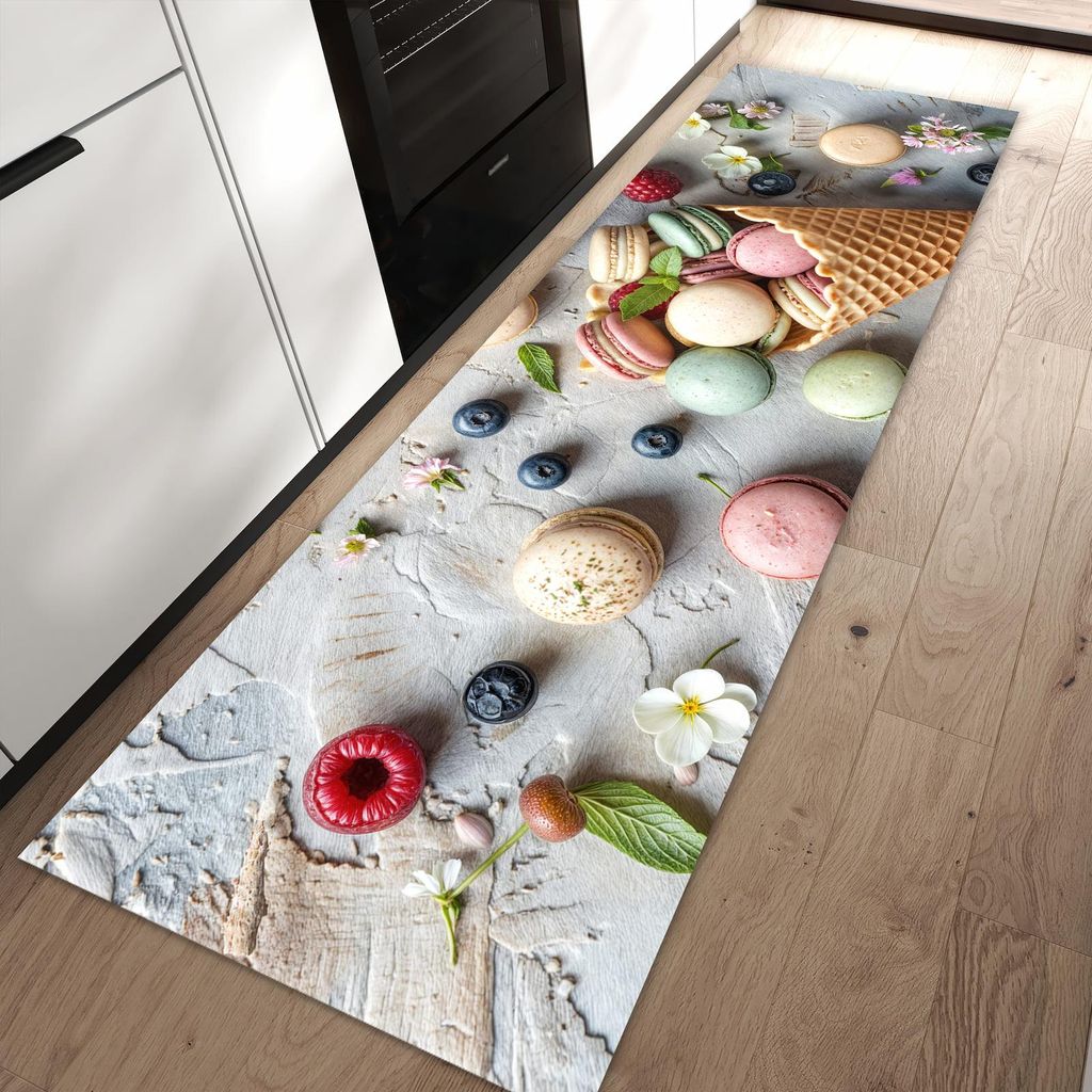 Küchenteppich 80x250cm rutschfest & abwischbar PVC Läufer - Macarons im Sommer