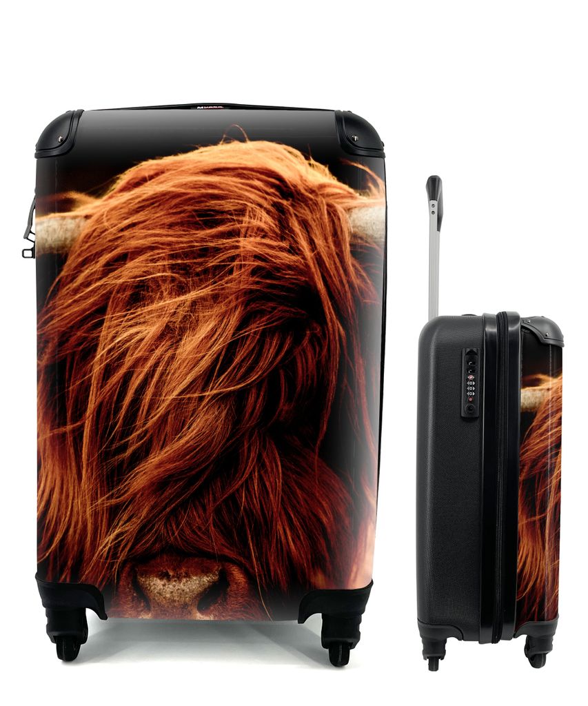 MuchoWow Koffer Handgepäck Trolley Rollkoffer Kleine Reisekoffer mit 4 Rollen - Schottischer Highlander - Kuh - Hörner - Porträt - Tiere - Cab...