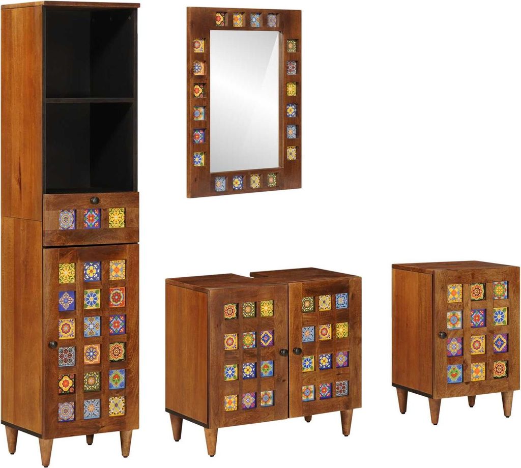 "Schlussverkauf" Badezimmer Sets mit Regal - 4 Stück - Badmöbel/Badschrank/Badregal - Walnuss Massivholz Mango C13160
