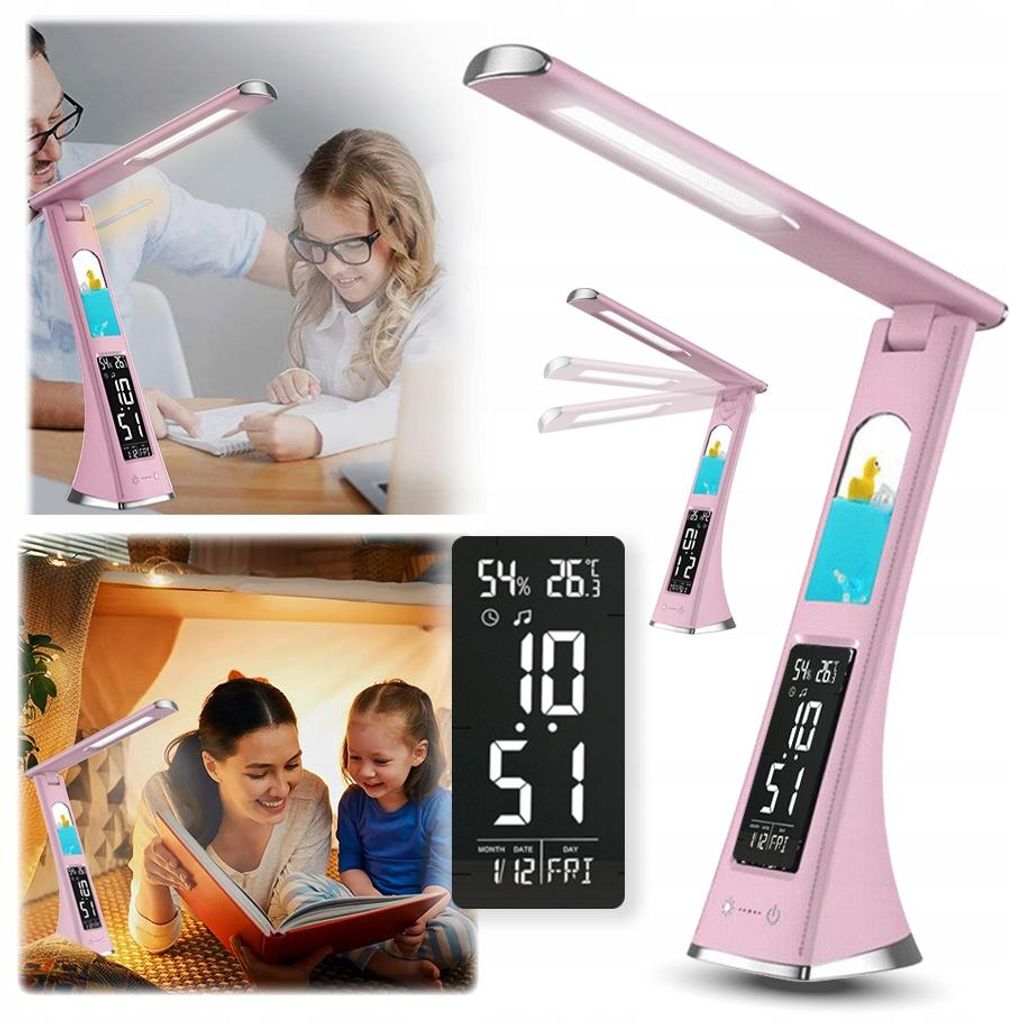 Vouwbare bureaulamp, nachtlamp, klok met LED-display, roze Productafbeelding 