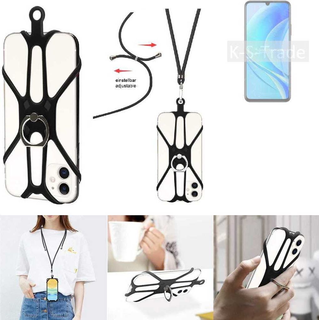 K-S-Trade 3in1 Handykette Handyband Handykordel Halsband Smartphone-Ring Handy-Ring kompatibel mit Huawei nova Y70 Plus Fingerhalterung Handyring