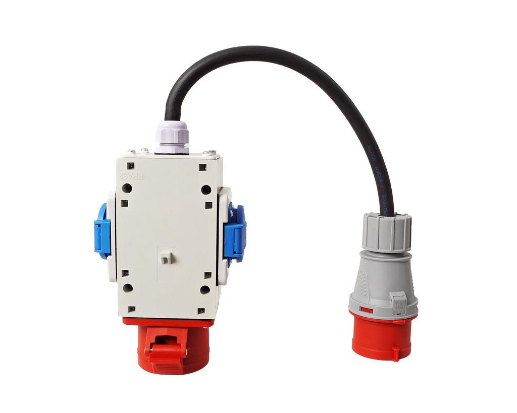 Adapter Stromverteiler mit Kabel Kraftstrom Baustrom Verteiler CEE 16A auf 1x 16A 5P 400V und 2x Schuko 230V