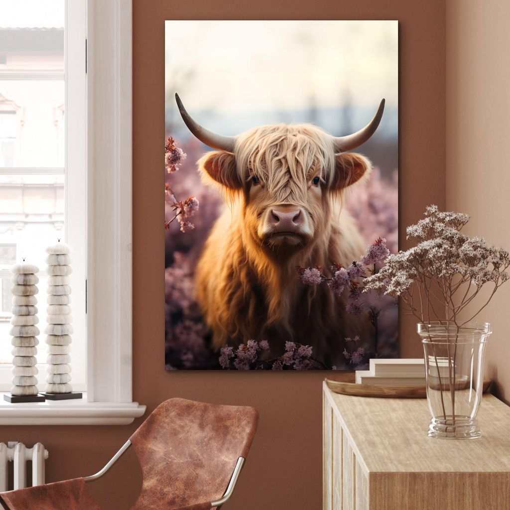 MuchoWow Wanddekoration Metall Metallbild Wandkunst 80x120 cm Schottisches Hochlandrind - Tierporträt - Blumen - Tier MuchoWow Aluminium Gemälde ...