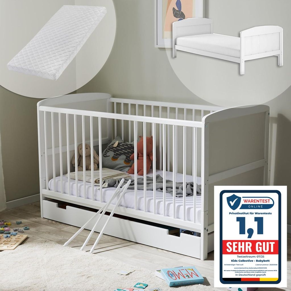 Babybett Kinderbett 70x140 cm mit Matratze und Schublade Umbaubares Gitterbett höhenverstellbar & herausnehmbare Sprossen weiß
