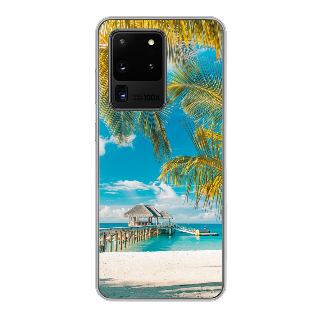 MuchoWow Handyhülle Schutzhülle Hülle für Samsung Galaxy S20 Ultra Strand - Palme - Meer Silikon Softcase Handy Hülle - Karteninhaber