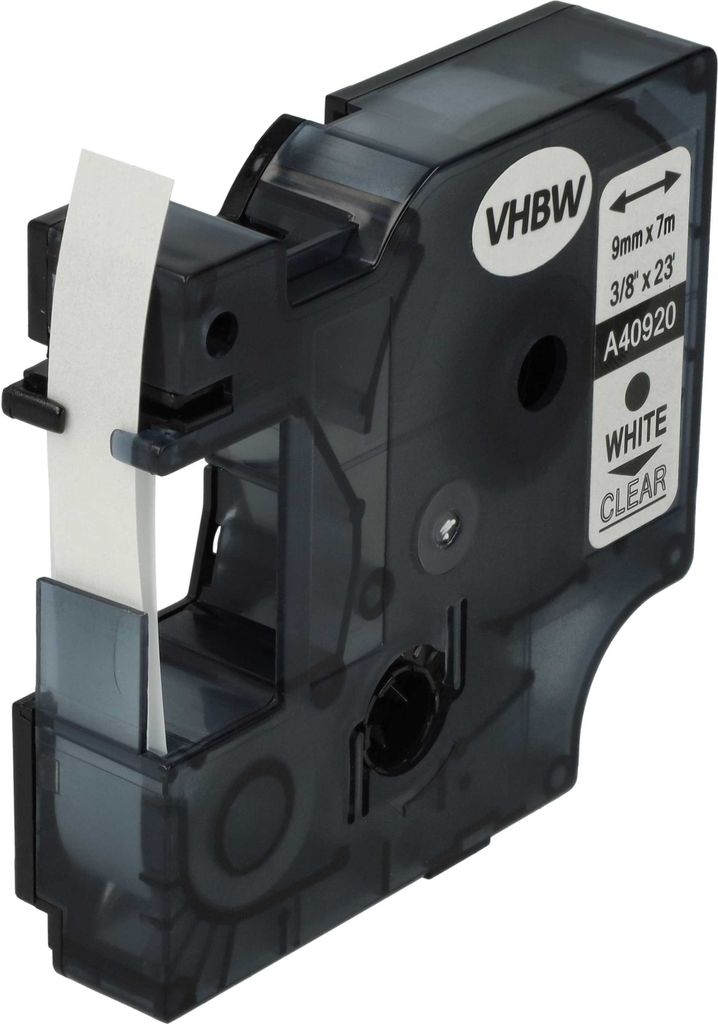 vhbw Schriftband-Kassette kompatibel mit Dymo LabelManager 450D, 500TS, 500, PC II Etiketten-Drucker 7m x 9mm Weiß auf Transparent