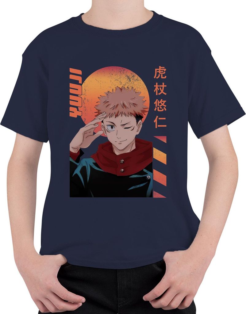 Jujutsu Kaisen Itadori Yuji zwinkernd Anime Geschenk Retro Uni Kinder T-Shirt, Navy, 152