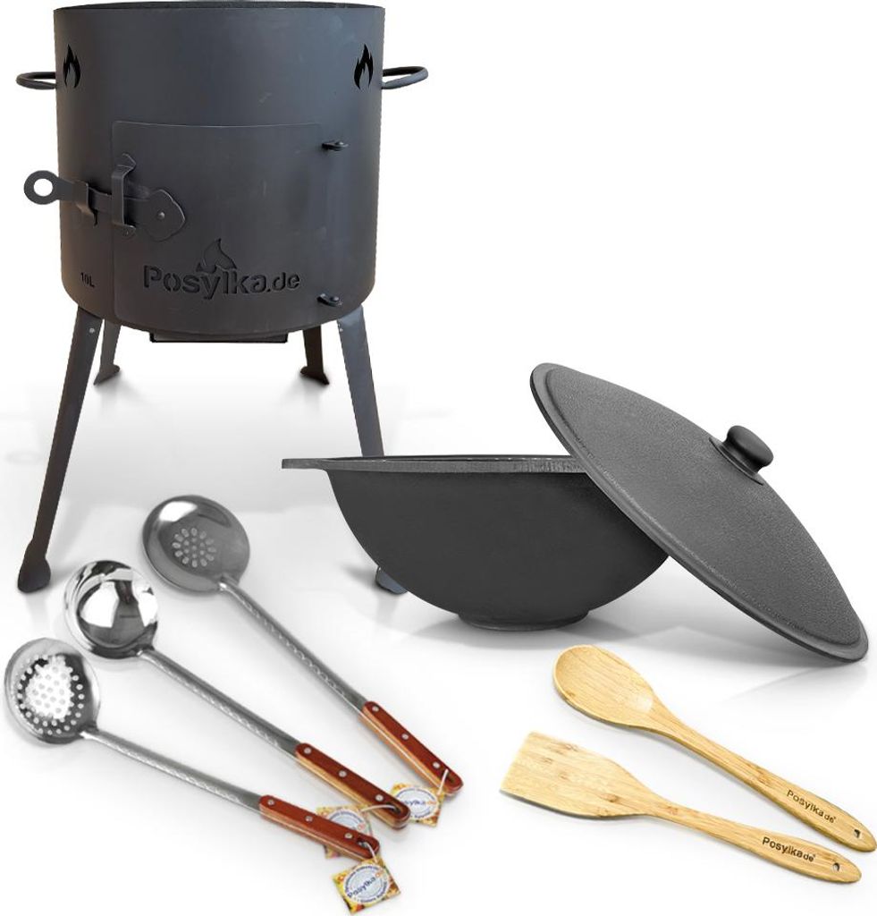 Utschak Uchag Feuerofen 36 cm 2 mm Stahl mit Usbekische Kazan 10 L Schaumlöffel