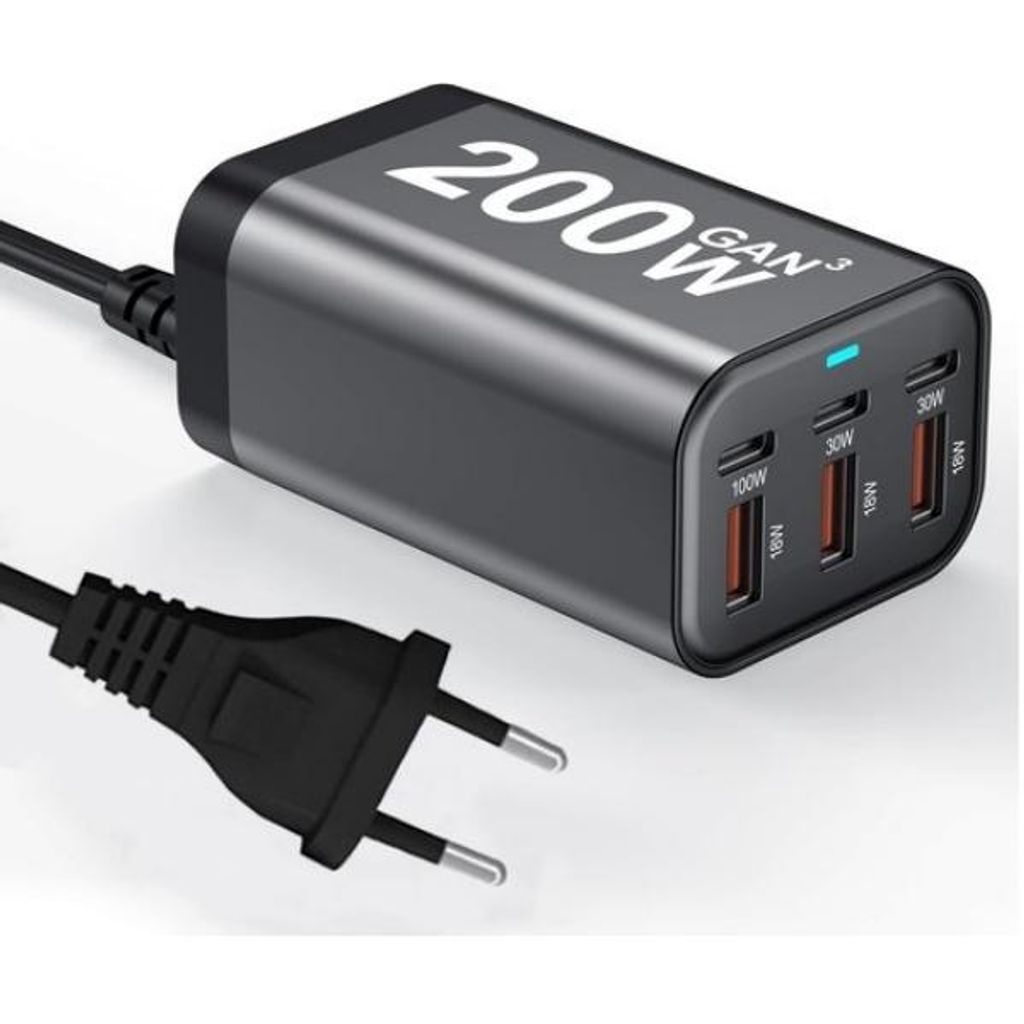 200W GaN Schnellladegerät EU Stecker – 6 Ports (3x USB-C + 3x USB-A) – PD Fast Charger Desktop Ladegerät für MacBook, Laptop, iPhone, Samsun...