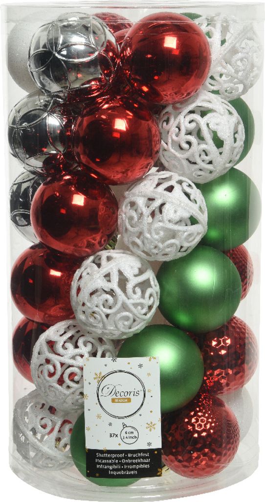 Weihnachtskugeln Kunststoff 6cm 37er Set - Rot / Weiß / Produktbild 