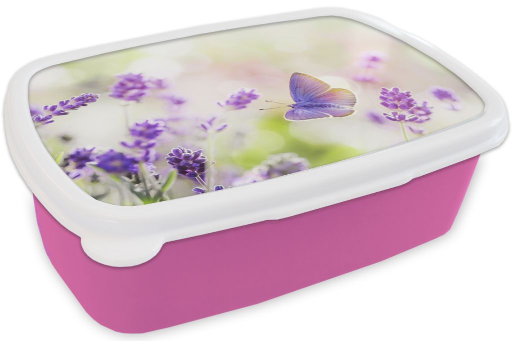 KitchenYeah Lunchbox Brotzeit Brotdose 17x11 cm Lavendel - Schmetterling - Blumen Kinder Brotzeitdose - Lunchpaket - Brotkasten - Sandwich Box