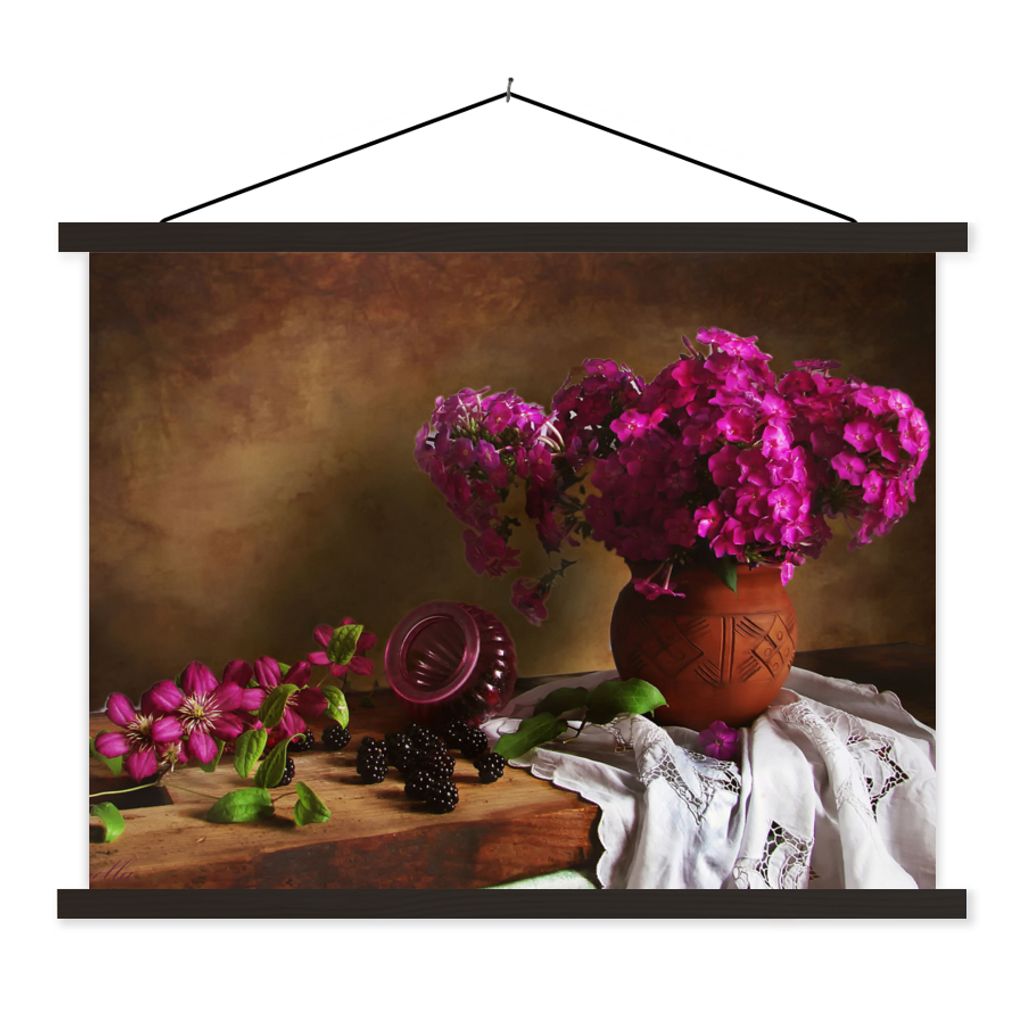 MuchoWow Textilposter Rustikal - Blumen - Rosa - Vase - Stilleben 150x113 cm mit schwarzem Rahmen - Wohnzimmer