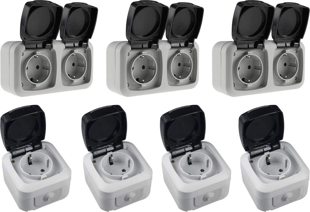 Feuchtraum Steckdosen 1-fach 2-fach IP44 250V AC Aufputz Set 7 teilig