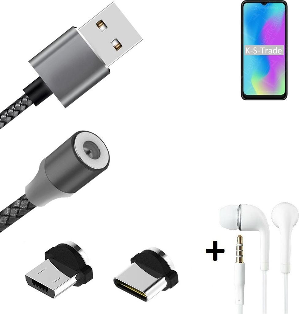 K-S-Trade Hochwertiges Magnet-Lade-kabel Sync-Kabel Daten-Kabel + Kopfhörer für HiSense E50 Lite mit USB-Typ-C-Anschluss und Micro-USB-Anschluss