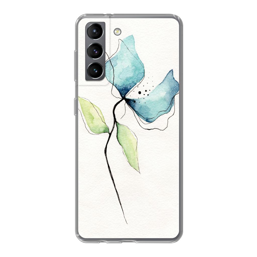 MuchoWow Handyhülle Schutzhülle Hülle für Samsung Galaxy S21 Blumen - Aquarell - Blau Silikon Softcase Handy Hülle - Softcase