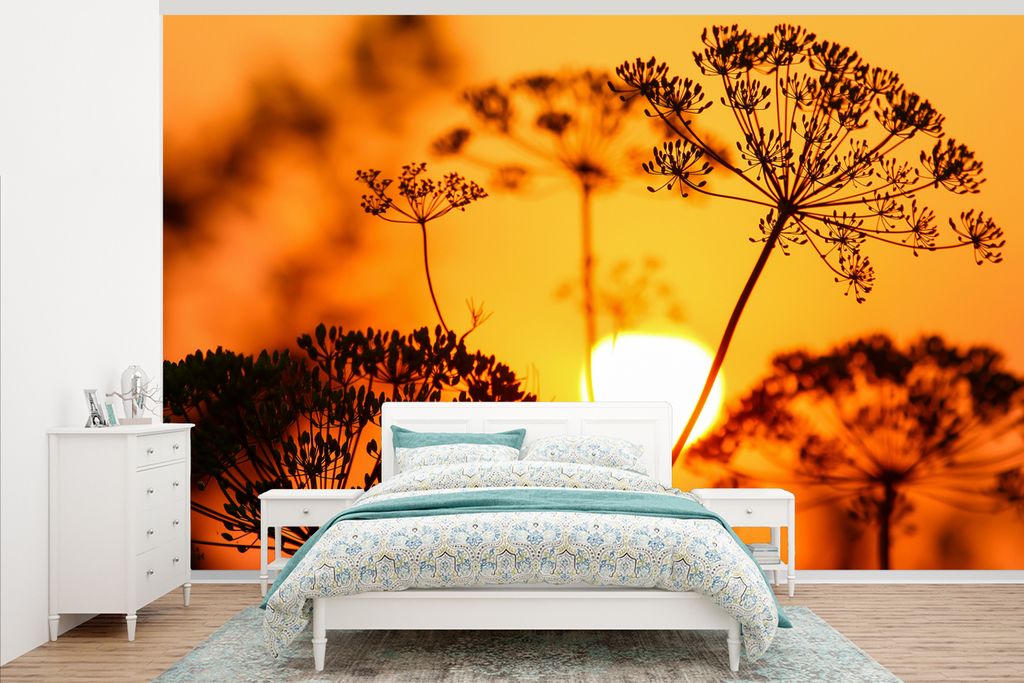 MuchoWow Fototapete für Wohnzimmer oder Schlafzimmer Wandtapete Vinyl Motivtapete Pflanzen - Blumen - Sonnenuntergang - Orange - 375x240 cm - Wa...
