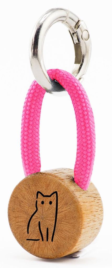 GIPFELWELLE Handgemachter Holz Schlüsselanhänger mit Gravur Kette Ring 4 mm Paracord Segeltau, Damen Herren, Katze, Neonpink