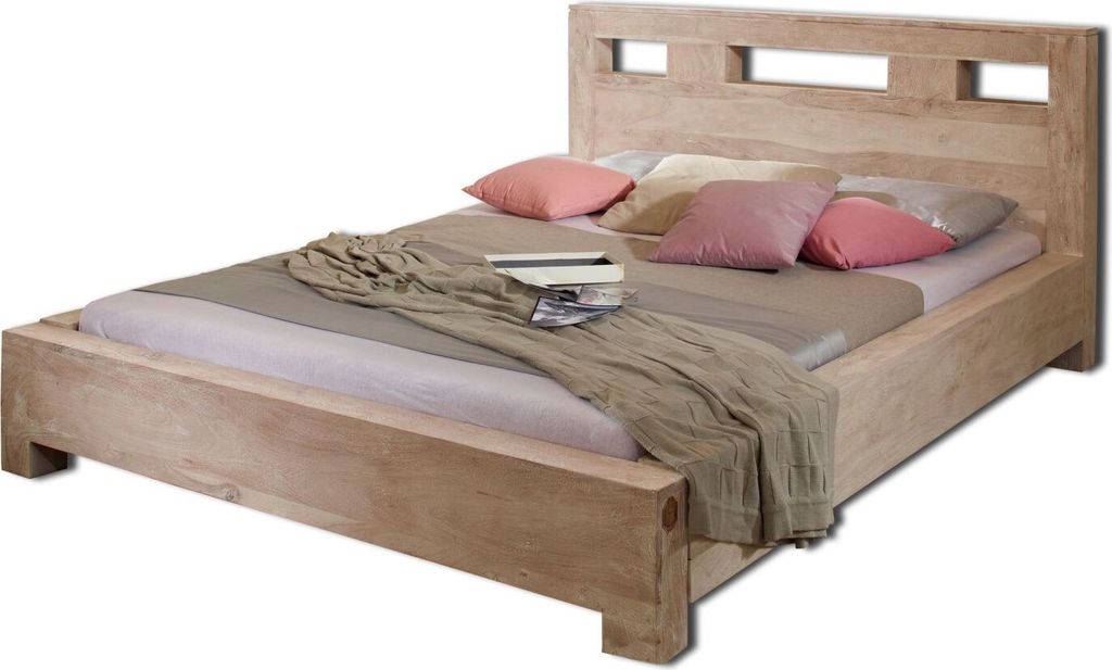 MASSIVMOEBEL24 Bett Akazie 180x200x90 white stone getüncht NATURE WHITE #202